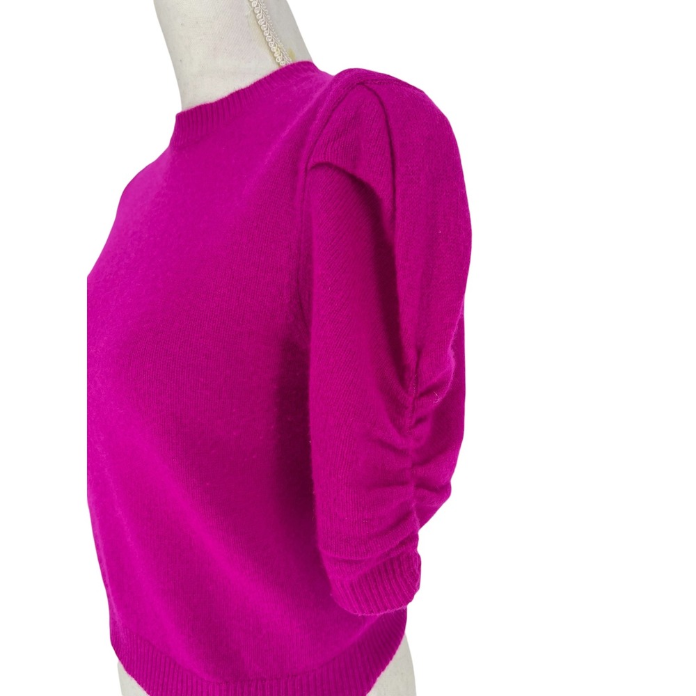 FRAME Frankie Ruched Sleeve Cashmere Sweater Magenta Puff Sleeve Knit XS - Picture 7 of 13